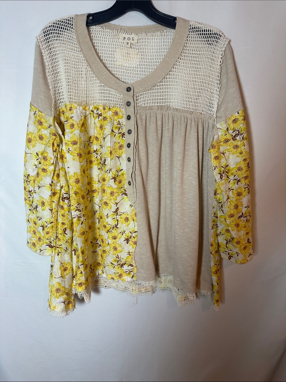 POL Yellow Veronica Floral & Cream Mixed-Media Tunic Top